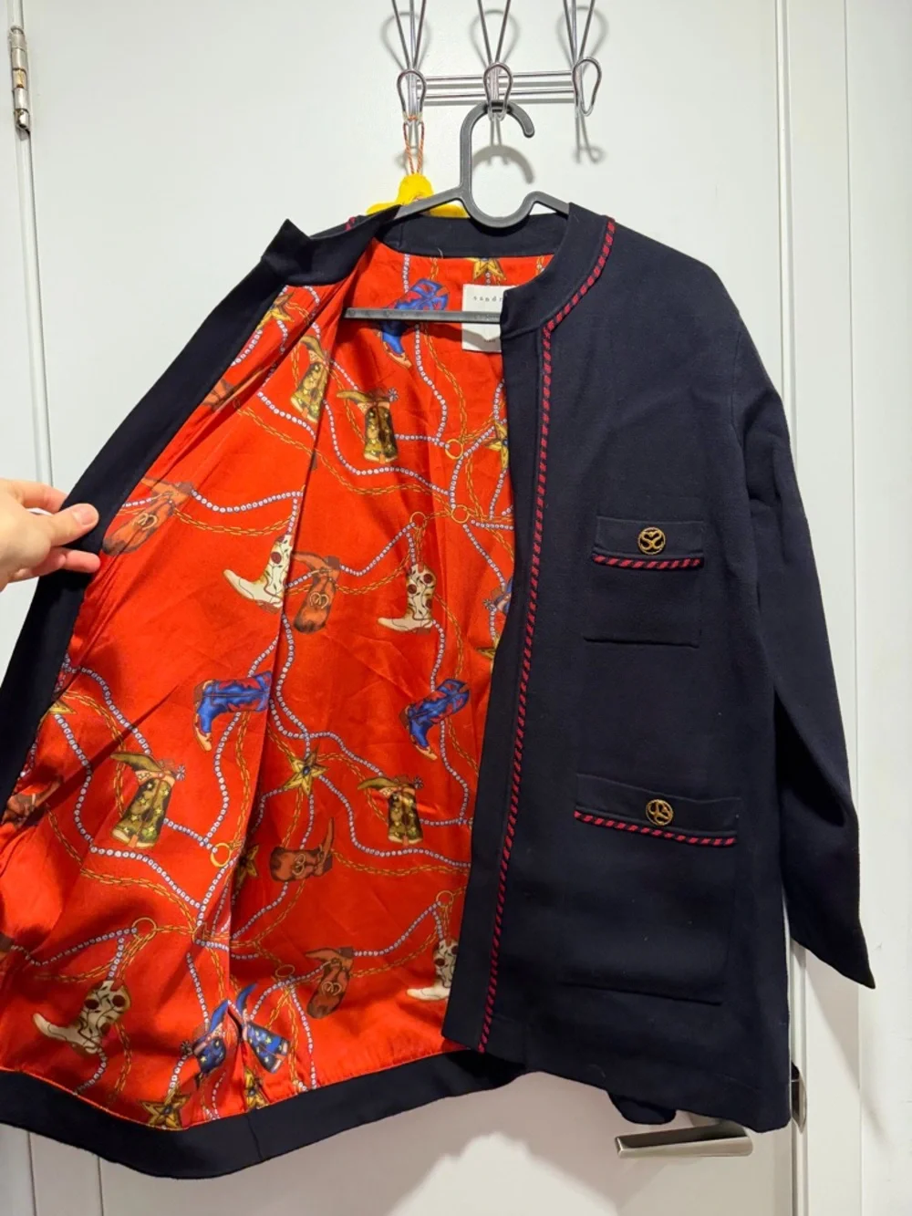 Sandro Navy Open-Front Cardigan with Red Trim - Picture 2 of 8